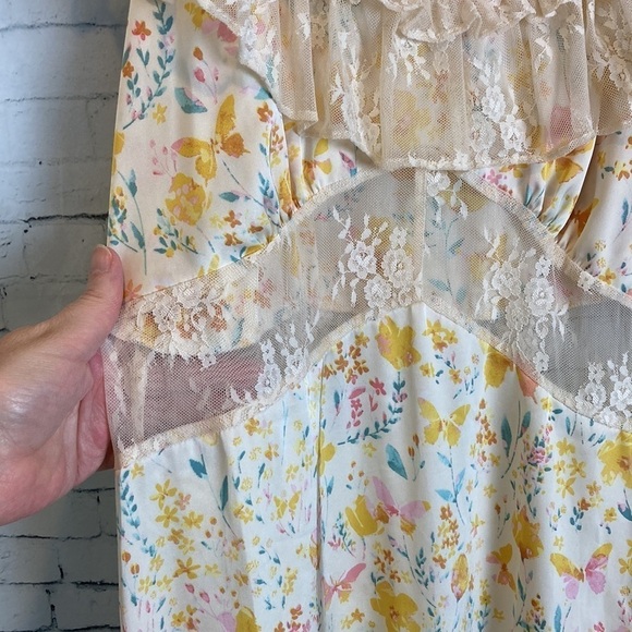 Simple Retro Romantic Flounce Sleeve Lace Detail Floral Slip Dress M Cottage - Picture 5 of 16